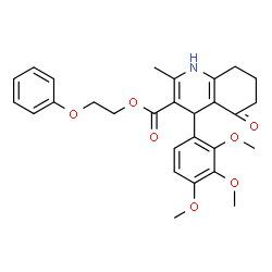 ChemSpider 2D Image | 2-Phenoxyethyl 2-methyl-5-oxo-4-(2,3,4-trimethoxyphenyl)-1,4,5,6,7,8-hexahydro-3-quinolinecarboxylate | C28H31NO7