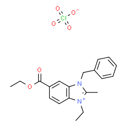 ChemSpider 2D Image | 1-Benzyl-6-(ethoxycarbonyl)-3-ethyl-2-methyl-1H-3,1-benzimidazol-3-ium perchlorate | C20H23ClN2O6