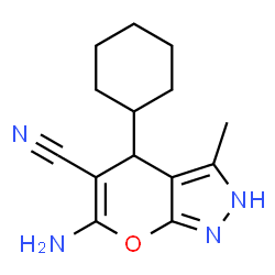 ChemSpider 2D Image | 6-amino-4-cyclohexyl-3-methyl-1,4-dihydropyrano[2,3-c]pyrazole-5-carbonitrile | C14H18N4O