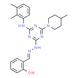 ChemSpider 2D Image | 2-[(E)-({4-[(2,3-Dimethylphenyl)amino]-6-(4-methyl-1-piperidinyl)-1,3,5-triazin-2-yl}hydrazono)methyl]phenol | C24H29N7O
