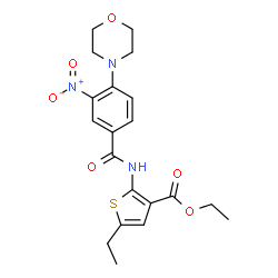 ChemSpider 2D Image | Ethyl 5-ethyl-2-{[4-(4-morpholinyl)-3-nitrobenzoyl]amino}-3-thiophenecarboxylate | C20H23N3O6S