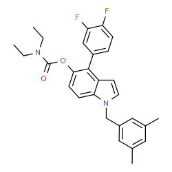 ChemSpider 2D Image | 4-(3,4-Difluorophenyl)-1-(3,5-dimethylbenzyl)-1H-indol-5-yl diethylcarbamate | C28H28F2N2O2