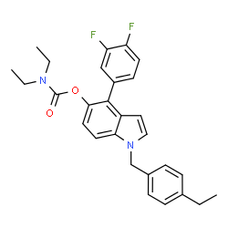 ChemSpider 2D Image | 4-(3,4-Difluorophenyl)-1-(4-ethylbenzyl)-1H-indol-5-yl diethylcarbamate | C28H28F2N2O2