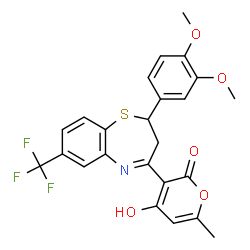 ChemSpider 2D Image | 3-[2-(3,4-Dimethoxyphenyl)-7-(trifluoromethyl)-2,3-dihydro-1,5-benzothiazepin-4-yl]-4-hydroxy-6-methyl-2H-pyran-2-one | C24H20F3NO5S
