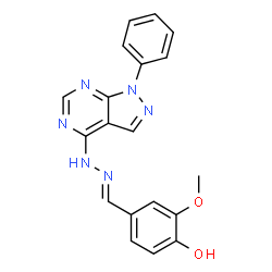 ChemSpider 2D Image | 2-Methoxy-4-{(E)-[(1-phenyl-1H-pyrazolo[3,4-d]pyrimidin-4-yl)hydrazono]methyl}phenol | C19H16N6O2