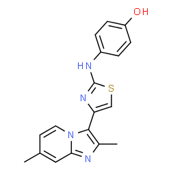 ChemSpider 2D Image | 4-{[4-(2,7-Dimethylimidazo[1,2-a]pyridin-3-yl)-1,3-thiazol-2-yl]amino}phenol | C18H16N4OS