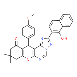 ChemSpider 2D Image | 2-(1-Hydroxy-2-naphthyl)-12-(4-methoxyphenyl)-9,9-dimethyl-8,9,10,12-tetrahydro-11H-chromeno[3,2-e][1,2,4]triazolo[1,5-c]pyrimidin-11-one | C31H26N4O4
