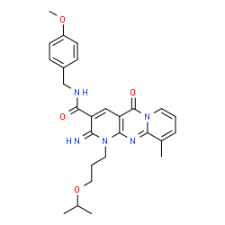 ChemSpider 2D Image | 2-Imino-1-(3-isopropoxypropyl)-N-(4-methoxybenzyl)-10-methyl-5-oxo-1,5-dihydro-2H-dipyrido[1,2-a:2',3'-d]pyrimidine-3-carboxamide | C27H31N5O4