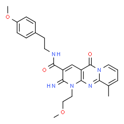 ChemSpider 2D Image | 2-Imino-1-(2-methoxyethyl)-N-[2-(4-methoxyphenyl)ethyl]-10-methyl-5-oxo-1,5-dihydro-2H-dipyrido[1,2-a:2',3'-d]pyrimidine-3-carboxamide | C25H27N5O4