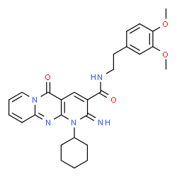 ChemSpider 2D Image | 1-Cyclohexyl-N-[2-(3,4-dimethoxyphenyl)ethyl]-2-imino-5-oxo-1,5-dihydro-2H-dipyrido[1,2-a:2',3'-d]pyrimidine-3-carboxamide | C28H31N5O4