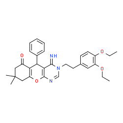 ChemSpider 2D Image | 3-[2-(3,4-Diethoxyphenyl)ethyl]-4-imino-8,8-dimethyl-5-phenyl-3,4,5,7,8,9-hexahydro-6H-chromeno[2,3-d]pyrimidin-6-one | C31H35N3O4