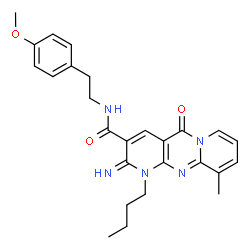 ChemSpider 2D Image | 1-Butyl-2-imino-N-[2-(4-methoxyphenyl)ethyl]-10-methyl-5-oxo-1,5-dihydro-2H-dipyrido[1,2-a:2',3'-d]pyrimidine-3-carboxamide | C26H29N5O3