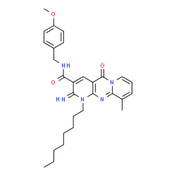 ChemSpider 2D Image | 2-Imino-N-(4-methoxybenzyl)-10-methyl-1-octyl-5-oxo-1,5-dihydro-2H-dipyrido[1,2-a:2',3'-d]pyrimidine-3-carboxamide | C29H35N5O3