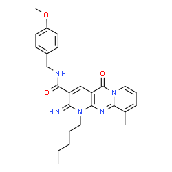 ChemSpider 2D Image | 2-Imino-N-(4-methoxybenzyl)-10-methyl-5-oxo-1-pentyl-1,5-dihydro-2H-dipyrido[1,2-a:2',3'-d]pyrimidine-3-carboxamide | C26H29N5O3
