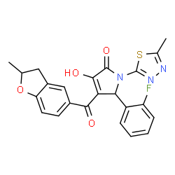 ChemSpider 2D Image | 5-(2-Fluorophenyl)-3-hydroxy-4-[(2-methyl-2,3-dihydro-1-benzofuran-5-yl)carbonyl]-1-(5-methyl-1,3,4-thiadiazol-2-yl)-1,5-dihydro-2H-pyrrol-2-one | C23H18FN3O4S