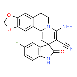 ChemSpider 2D Image | 4-Amino-5'-fluoro-2'-oxo-1',2',6,7-tetrahydrospiro[1,3-dioxolo[4,5-g]pyrido[2,1-a]isoquinoline-2,3'-indole]-3-carbonitrile | C22H15FN4O3