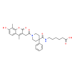 ChemSpider 2D Image | 6-[({1-[(7-Hydroxy-4,8-dimethyl-2-oxo-2H-chromen-3-yl)acetyl]-4-phenyl-4-piperidinyl}carbonyl)amino]hexanoic acid | C31H36N2O7