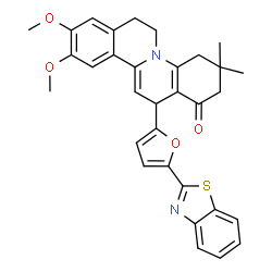 ChemSpider 2D Image | 13-[5-(1,3-Benzothiazol-2-yl)-2-furyl]-9,10-dimethoxy-3,3-dimethyl-2,3,4,6,7,13-hexahydro-1H-isoquino[2,1-a]quinolin-1-one | C32H30N2O4S