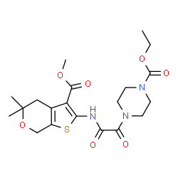ChemSpider 2D Image | Ethyl 4-[{[3-(methoxycarbonyl)-5,5-dimethyl-4,7-dihydro-5H-thieno[2,3-c]pyran-2-yl]amino}(oxo)acetyl]-1-piperazinecarboxylate | C20H27N3O7S