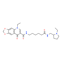 ChemSpider 2D Image | 5-Ethyl-N-(6-{[(1-ethyl-2-pyrrolidinyl)methyl]amino}-6-oxohexyl)-8-oxo-5,8-dihydro[1,3]dioxolo[4,5-g]quinoline-7-carboxamide | C26H36N4O5