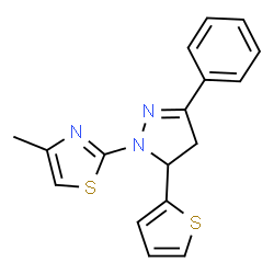 ChemSpider 2D Image | 4-Methyl-2-[3-phenyl-5-(2-thienyl)-4,5-dihydro-1H-pyrazol-1-yl]-1,3-thiazole | C17H15N3S2