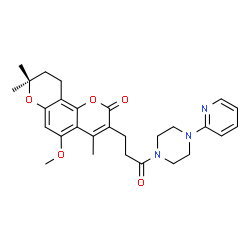 ChemSpider 2D Image | 5-Methoxy-4,8,8-trimethyl-3-{3-oxo-3-[4-(2-pyridinyl)-1-piperazinyl]propyl}-9,10-dihydro-2H,8H-pyrano[2,3-f]chromen-2-one | C28H33N3O5