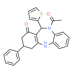 ChemSpider 2D Image | 10-Acetyl-3-phenyl-11-(2-thienyl)-2,3,4,5,10,11-hexahydro-1H-dibenzo[b,e][1,4]diazepin-1-one | C25H22N2O2S