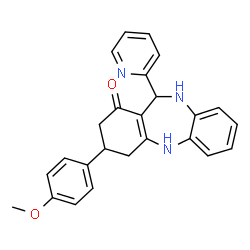 ChemSpider 2D Image | 3-(4-Methoxyphenyl)-11-(2-pyridinyl)-2,3,4,5,10,11-hexahydro-1H-dibenzo[b,e][1,4]diazepin-1-one | C25H23N3O2