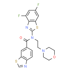 ChemSpider 2D Image | N-(4,6-Difluoro-1,3-benzothiazol-2-yl)-N-[2-(4-morpholinyl)ethyl]-1,3-benzothiazole-6-carboxamide | C21H18F2N4O2S2