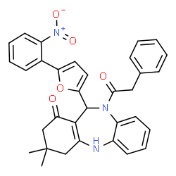 ChemSpider 2D Image | 3,3-Dimethyl-11-[5-(2-nitrophenyl)-2-furyl]-10-(phenylacetyl)-2,3,4,5,10,11-hexahydro-1H-dibenzo[b,e][1,4]diazepin-1-one | C33H29N3O5