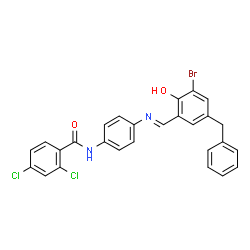 ChemSpider 2D Image | N-{4-[(E)-(5-Benzyl-3-bromo-2-hydroxybenzylidene)amino]phenyl}-2,4-dichlorobenzamide | C27H19BrCl2N2O2