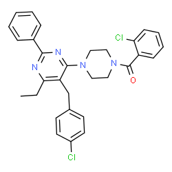 ChemSpider 2D Image | {4-[5-(4-Chlorobenzyl)-6-ethyl-2-phenyl-4-pyrimidinyl]-1-piperazinyl}(2-chlorophenyl)methanone | C30H28Cl2N4O