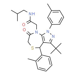ChemSpider 2D Image | N-Isobutyl-2-[4-(2-methylphenyl)-1-(3-methylphenyl)-3-(2-methyl-2-propanyl)-7-oxo-1,4,6,7-tetrahydro-8H-pyrazolo[3,4-e][1,4]thiazepin-8-yl]acetamide | C30H38N4O2S