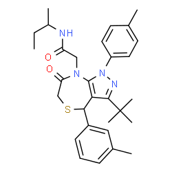 ChemSpider 2D Image | N-sec-Butyl-2-[4-(3-methylphenyl)-1-(4-methylphenyl)-3-(2-methyl-2-propanyl)-7-oxo-1,4,6,7-tetrahydro-8H-pyrazolo[3,4-e][1,4]thiazepin-8-yl]acetamide | C30H38N4O2S