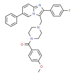 ChemSpider 2D Image | (4-{[2-(4-Fluorophenyl)-6-phenylimidazo[1,2-a]pyridin-3-yl]methyl}-1-piperazinyl)(4-methoxyphenyl)methanone | C32H29FN4O2
