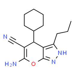 ChemSpider 2D Image | 6-Amino-4-cyclohexyl-3-propyl-2,4-dihydropyrano[2,3-c]pyrazole-5-carbonitrile | C16H22N4O