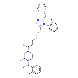 ChemSpider 2D Image | 5-{[5-Benzyl-4-(2-methylphenyl)-4H-1,2,4-triazol-3-yl]sulfanyl}-1-[3-methyl-4-(2-methylbenzoyl)-1-piperazinyl]-1-pentanone | C34H39N5O2S