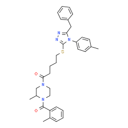 ChemSpider 2D Image | 5-{[5-Benzyl-4-(4-methylphenyl)-4H-1,2,4-triazol-3-yl]sulfanyl}-1-[3-methyl-4-(2-methylbenzoyl)-1-piperazinyl]-1-pentanone | C34H39N5O2S