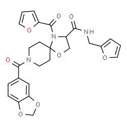 ChemSpider 2D Image | 8-(1,3-Benzodioxol-5-ylcarbonyl)-4-(2-furoyl)-N-(2-furylmethyl)-1-oxa-4,8-diazaspiro[4.5]decane-3-carboxamide | C26H25N3O8