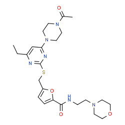 ChemSpider 2D Image | 5-({[4-(4-Acetyl-1-piperazinyl)-6-ethyl-2-pyrimidinyl]sulfanyl}methyl)-N-[2-(4-morpholinyl)ethyl]-2-furamide | C24H34N6O4S
