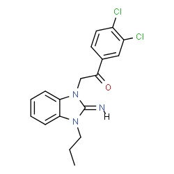 ChemSpider 2D Image | 1-(3,4-Dichlorophenyl)-2-[(2E)-2-imino-3-propyl-2,3-dihydro-1H-benzimidazol-1-yl]ethanone | C18H17Cl2N3O