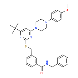 ChemSpider 2D Image | N-Benzyl-3-[({4-[4-(4-methoxyphenyl)-1-piperazinyl]-6-(2-methyl-2-propanyl)-2-pyrimidinyl}sulfanyl)methyl]benzamide | C34H39N5O2S