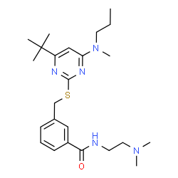 ChemSpider 2D Image | N-[2-(Dimethylamino)ethyl]-3-[({4-(2-methyl-2-propanyl)-6-[methyl(propyl)amino]-2-pyrimidinyl}sulfanyl)methyl]benzamide | C24H37N5OS
