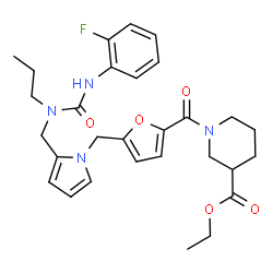 ChemSpider 2D Image | Ethyl 1-(5-{[2-({[(2-fluorophenyl)carbamoyl](propyl)amino}methyl)-1H-pyrrol-1-yl]methyl}-2-furoyl)-3-piperidinecarboxylate | C29H35FN4O5