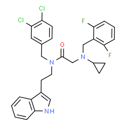 ChemSpider 2D Image | N~2~-Cyclopropyl-N-(3,4-dichlorobenzyl)-N~2~-(2,6-difluorobenzyl)-N-[2-(1H-indol-3-yl)ethyl]glycinamide | C29H27Cl2F2N3O