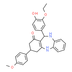 ChemSpider 2D Image | 11-(3-Ethoxy-4-hydroxyphenyl)-3-(4-methoxyphenyl)-2,3,4,5,10,11-hexahydro-1H-dibenzo[b,e][1,4]diazepin-1-one | C28H28N2O4