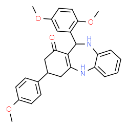 ChemSpider 2D Image | 11-(2,5-Dimethoxyphenyl)-3-(4-methoxyphenyl)-2,3,4,5,10,11-hexahydro-1H-dibenzo[b,e][1,4]diazepin-1-one | C28H28N2O4