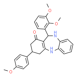 ChemSpider 2D Image | 11-(2,3-Dimethoxyphenyl)-3-(4-methoxyphenyl)-2,3,4,5,10,11-hexahydro-1H-dibenzo[b,e][1,4]diazepin-1-one | C28H28N2O4