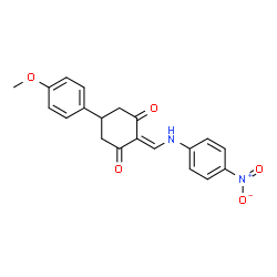 ChemSpider 2D Image | 5-(4-Methoxyphenyl)-2-{[(4-nitrophenyl)amino]methylene}-1,3-cyclohexanedione | C20H18N2O5