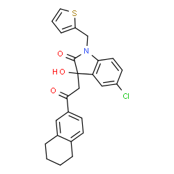 ChemSpider 2D Image | 5-Chloro-3-hydroxy-3-[2-oxo-2-(5,6,7,8-tetrahydro-2-naphthalenyl)ethyl]-1-(2-thienylmethyl)-1,3-dihydro-2H-indol-2-one | C25H22ClNO3S